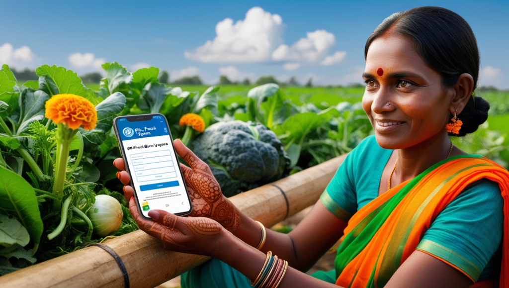 Farmer logging into PM Fasal Bima Yojana Portal on a mobile phone.